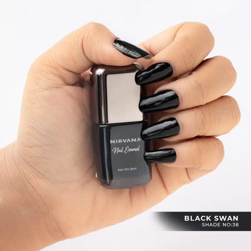 Nirvana Black Swan 38 nail enamel 8ml bottle, sleek design, dark glossy finish on a reflective surface. - thumbnail