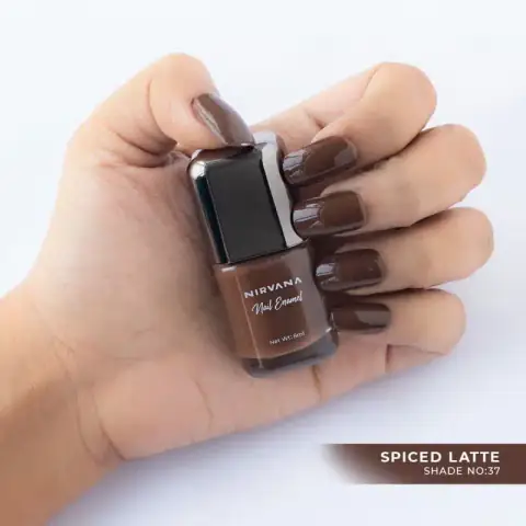 Nirvana Color Spiced Latte 37 nail enamel bottle, 8ml, with elegant golden cap, front view.