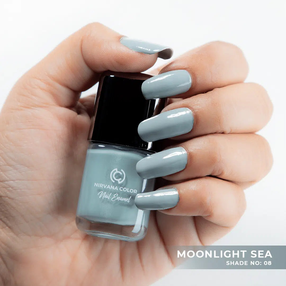 Full bottle of Nirvana Color Nail Enamel in shimmering Moonlight Sea 08, upright on white.