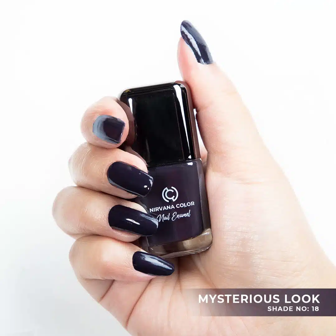 Nirvana Color Nail Enamel bottle, Mysterious Look 18, showing its dark plum shade and black cap. - thumbnail