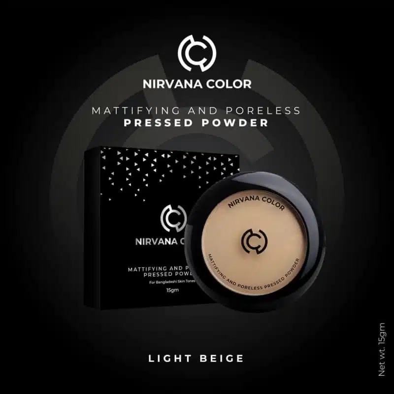 Nirvana Color Light Beige mattifying compact powder, closed, showcasing sleek black packaging on white surface. - thumbnail