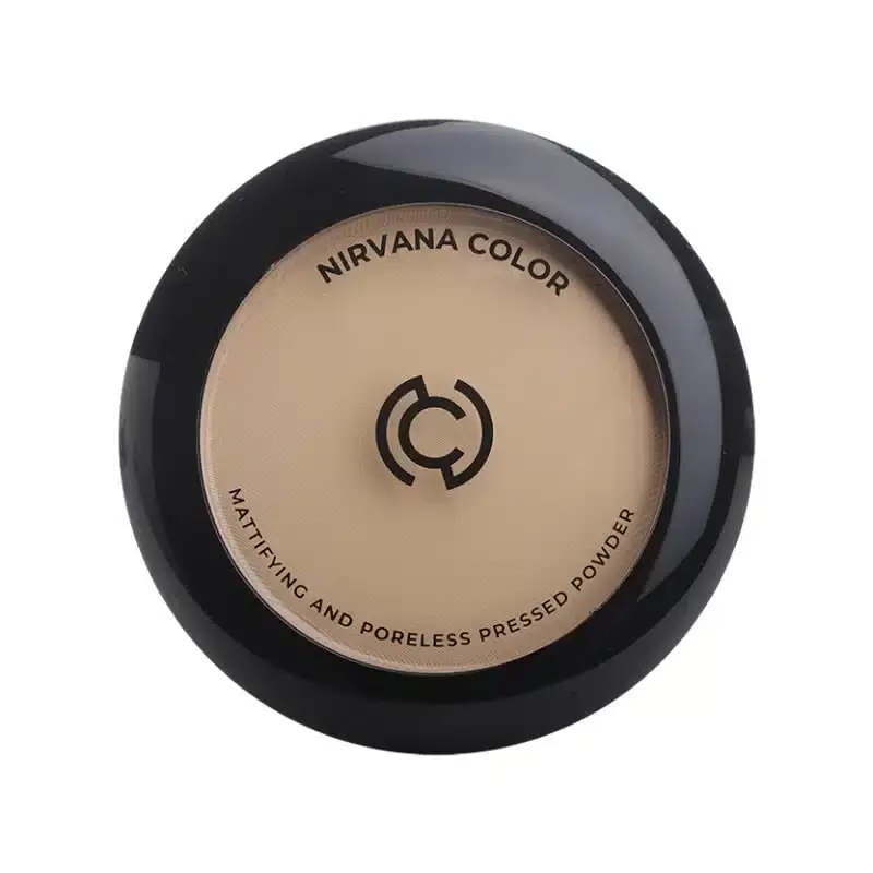 Open Nirvana Color Light Beige pressed powder compact, showing the mirror, light beige shade, and applicator puff. - thumbnail