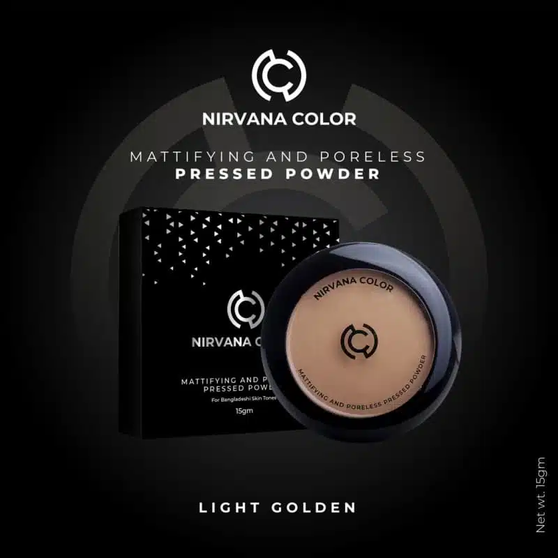 Nirvana Color Light Golden mattifying compact powder open, showcasing the pressed powder and applicator sponge. - thumbnail