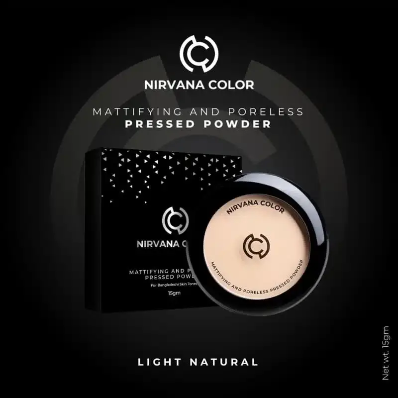 Nirvana Color Light Natural mattifying pressed powder compact, closed in its elegant circular gold packaging. - thumbnail