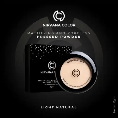 Nirvana Color Light Natural mattifying pressed powder compact, closed in its elegant circular gold packaging.