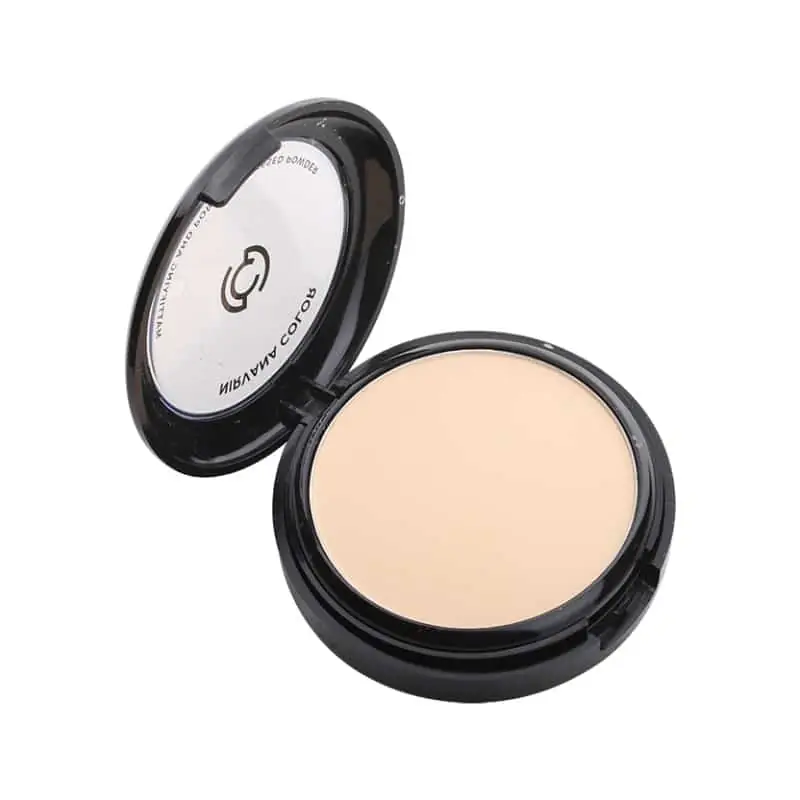 Hand holding open Nirvana Color compact powder with applicator sponge on Light Natural shade. - thumbnail