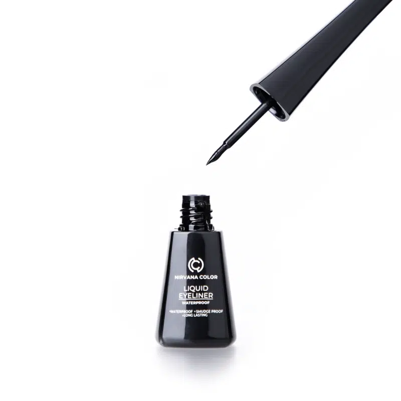Nirvana Color Waterproof Liquid Eyeliner in Deep Black tube, standing upright with applicator.