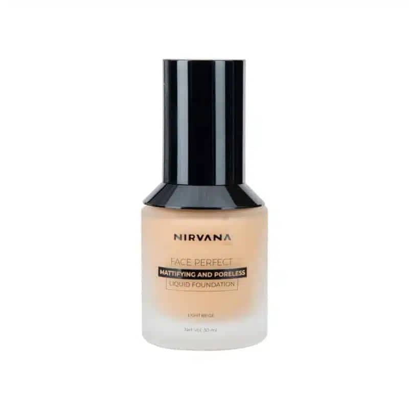 Nirvana Liquid Foundation Light Beige, transparent glass bottle with black pump and clear cap. - thumbnail