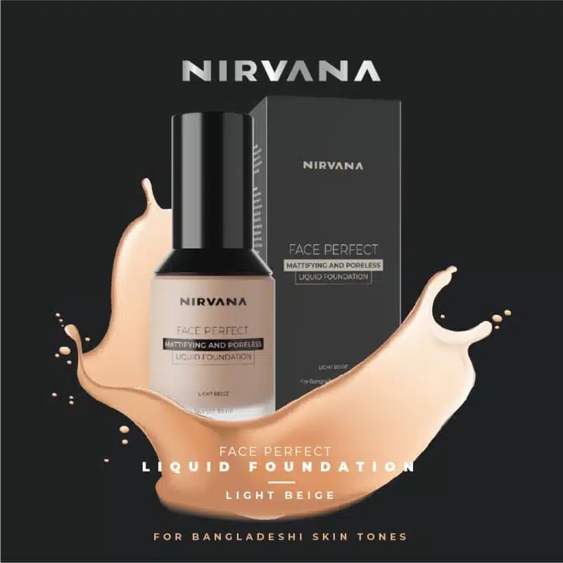 Two Nirvana Liquid Foundation bottles, one standing, one lying, showcasing light beige shade. - thumbnail