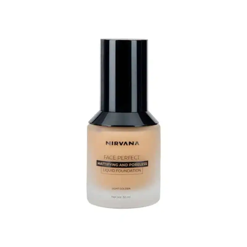 Nirvana Liquid Foundation Perfect Coverage in Light Golden, elegant bottle with pump dispenser. - thumbnail