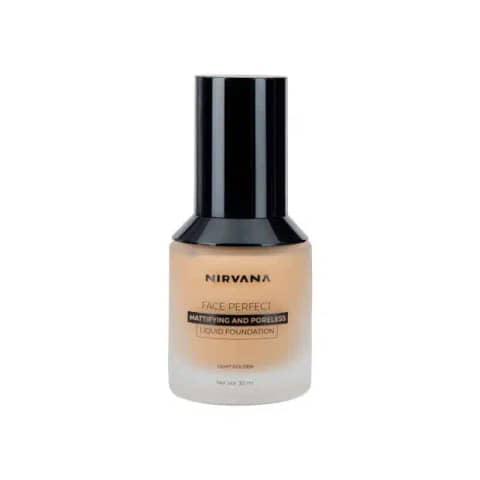 Nirvana Liquid Foundation Perfect Coverage in Light Golden, elegant bottle with pump dispenser.