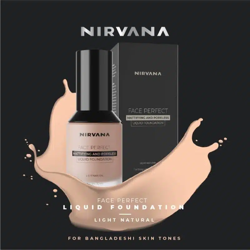 Close-up of Nirvana Perfect Coverage Liquid Foundation bottle, highlighting pump dispenser and texture. - thumbnail