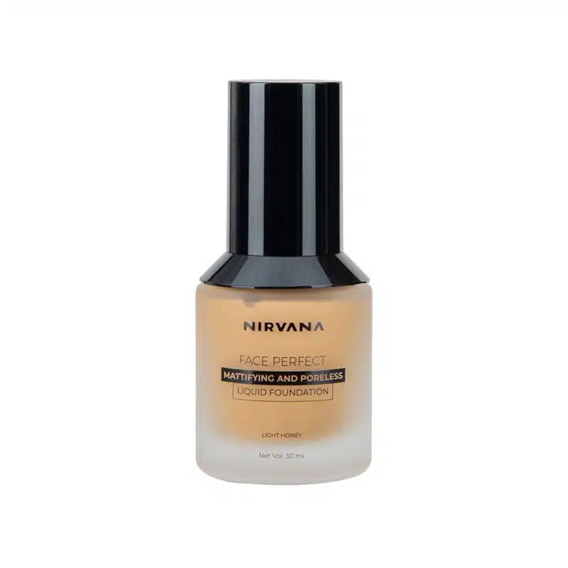 Nirvana Liquid Foundation Perfect Coverage Light Honey in a clear glass bottle with pump. - thumbnail