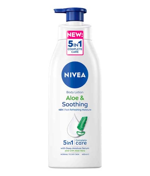 Nivea Aloe & Soothing Body Lotion 400ml white bottle with a blue pump dispenser.