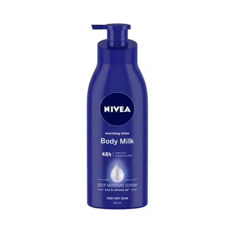 White Nivea Nourishing Body Milk lotion bottle with blue pump for very dry skin, 400ml.