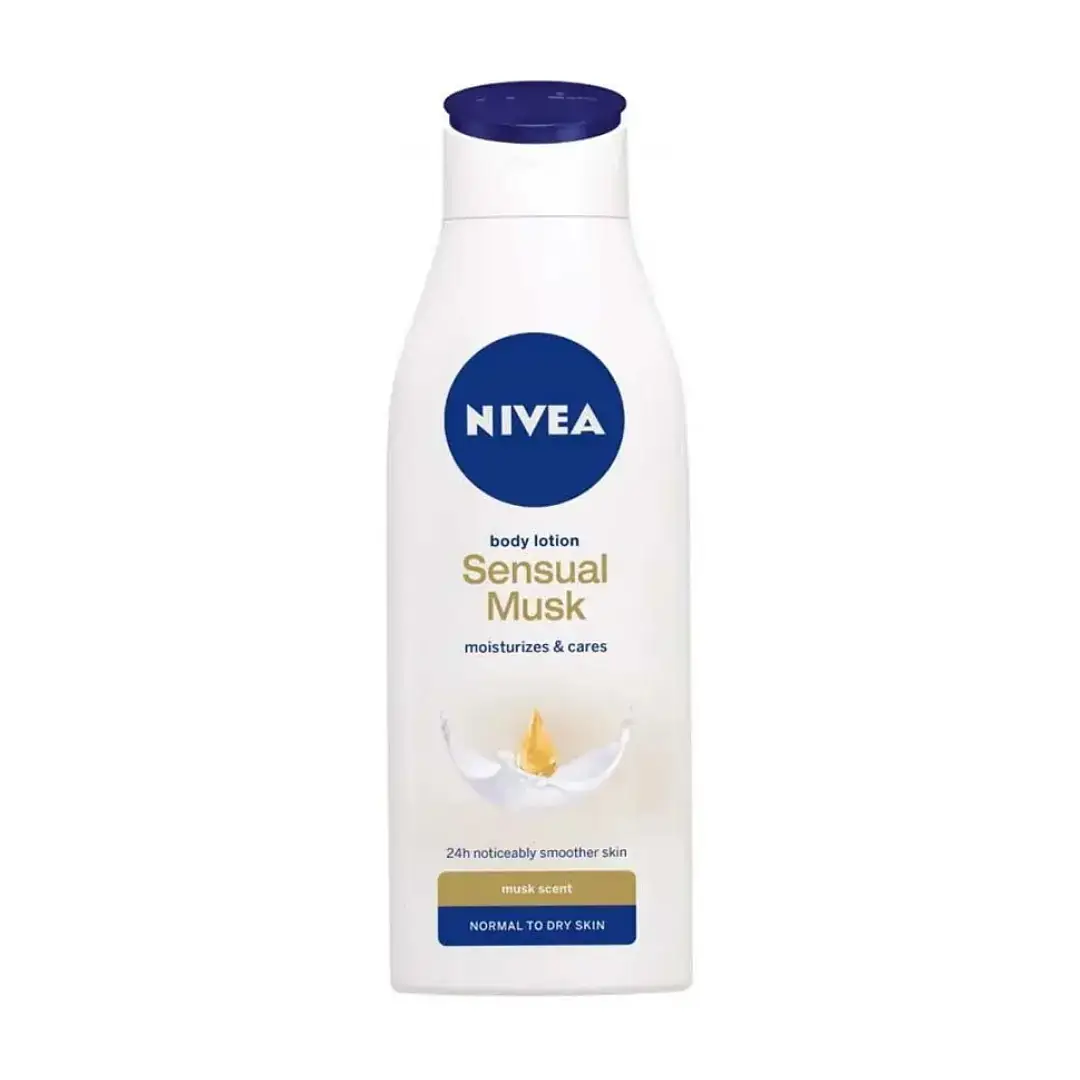White NIVEA Sensual Musk 250ml body lotion bottle lying down, revealing the back label. - thumbnail