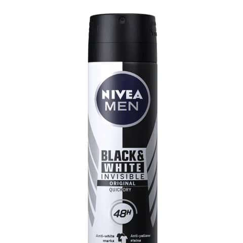 Nivea Black & White 150ml body spray can, upright, showcasing 5 in 1 48-hour protection.