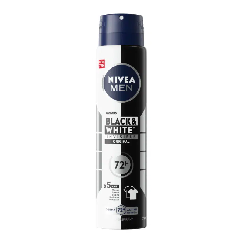 Full Nivea Black & White 72H Invisible Fresh body spray can, upright, front view.