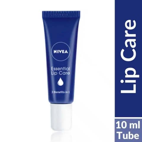Two Nivea Essential Lip Balms, one capped blue and one uncapped showing white balm.