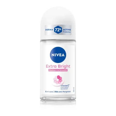 White Nivea Extra Bright Radiant Roll On 50ML bottle with a pink cap, angled slightly.