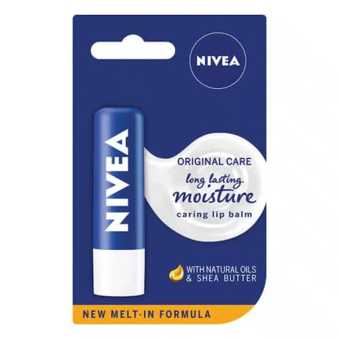 Nivea Long Lasting Moisture Caring Lip Balm Shea Butter in blue tube, cap on.