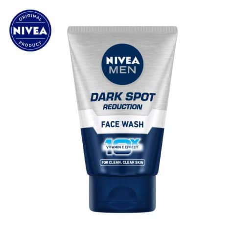 Nivea Men Dark Spot Reduction Face Wash 50g blue tube standing prominently on a white background.