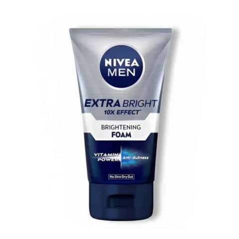 Nivea Men Extra Bright 10x Effect Brightening Foam 100g blue tube, standing upright.