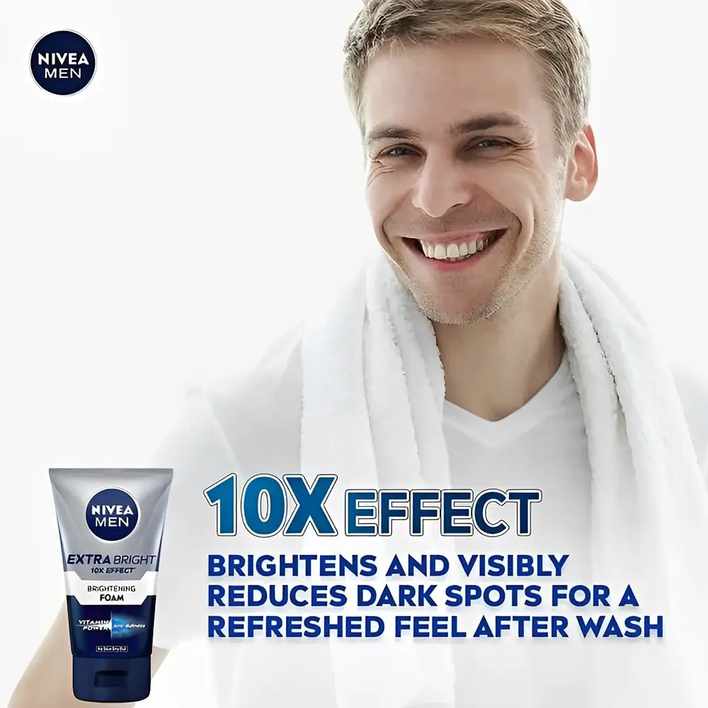 Back of Nivea Men Extra Brightening Foam 100g tube, showing ingredients and usage instructions clearly. - thumbnail
