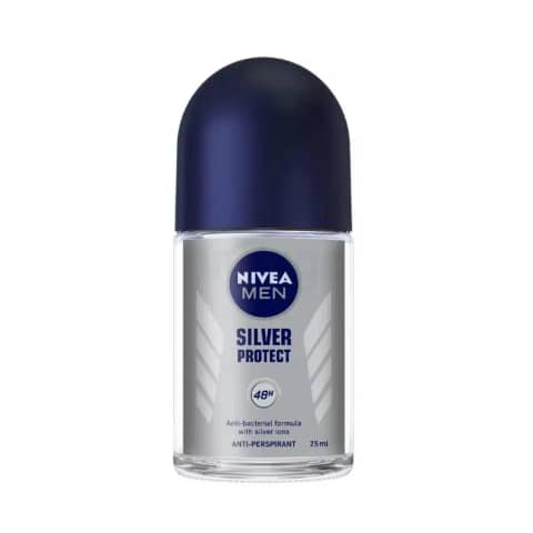 Nivea Men Silver Protect roll-on deodorant, 25ml, dark blue bottle with silver cap.