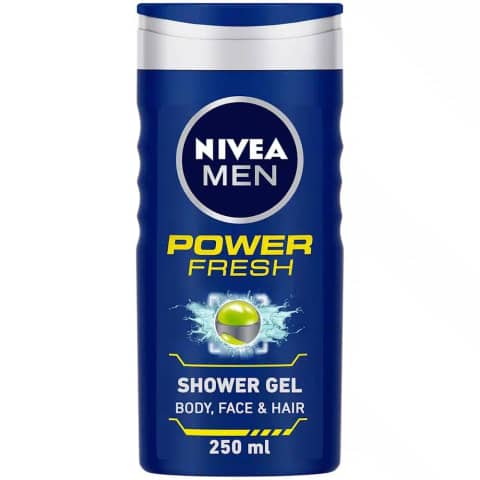 Blue NIVEA MEN Shower Gel Power Fresh 250ml bottle, clear front label, upright.