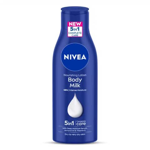 Nivea Nourishing Body Milk Lotion 200ml white bottle with blue cap, standing upright.