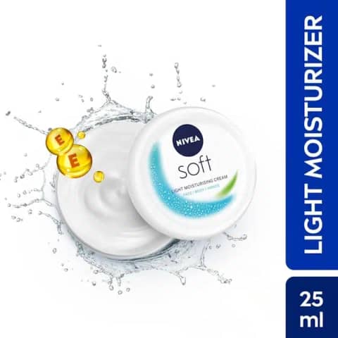 Open Nivea Soft Light Moisturising Cream 25ml blue tub, revealing smooth white cream.