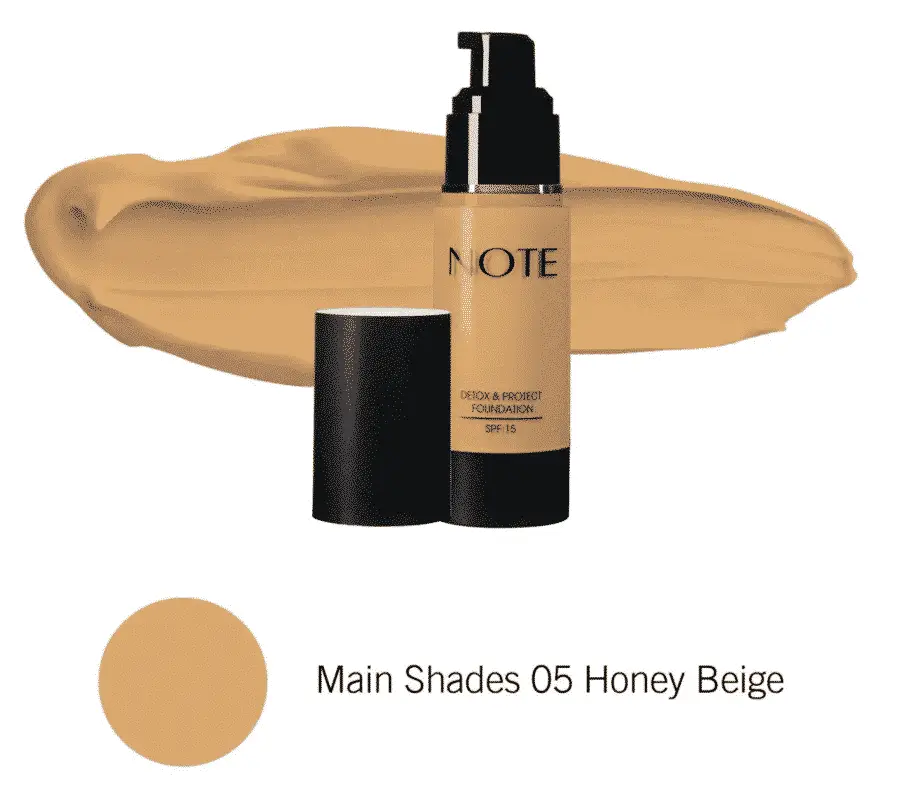 Note Detox Protect Foundation 05 Honey Beige bottle, clear glass, dark pump top.