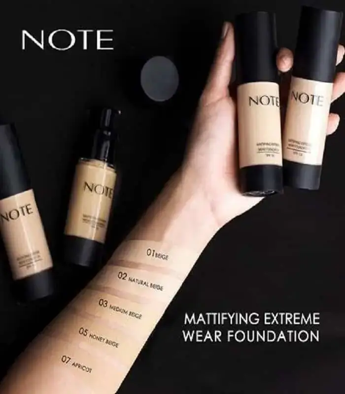 Note Mattifying Extreme Wear Foundation in a clear glass bottle with black pump and cap, light beige shade. - thumbnail