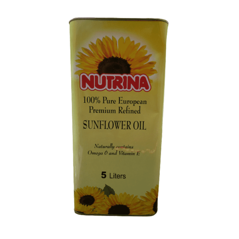 Nutrina Sunflower Oil 5L transparent plastic bottle, showing golden yellow liquid with green cap and label.