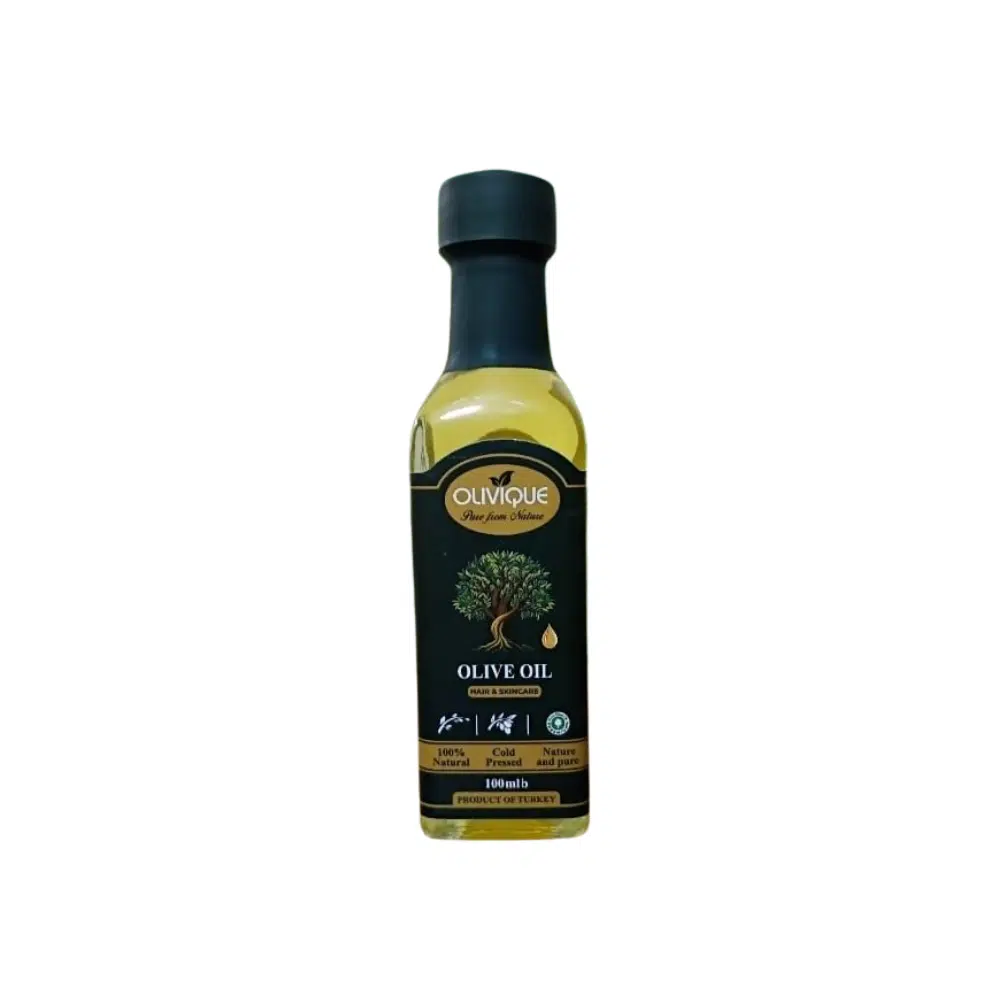 Front view of Olivique Olive Oil 100ml amber glass bottle with white label for hair and skincare.
