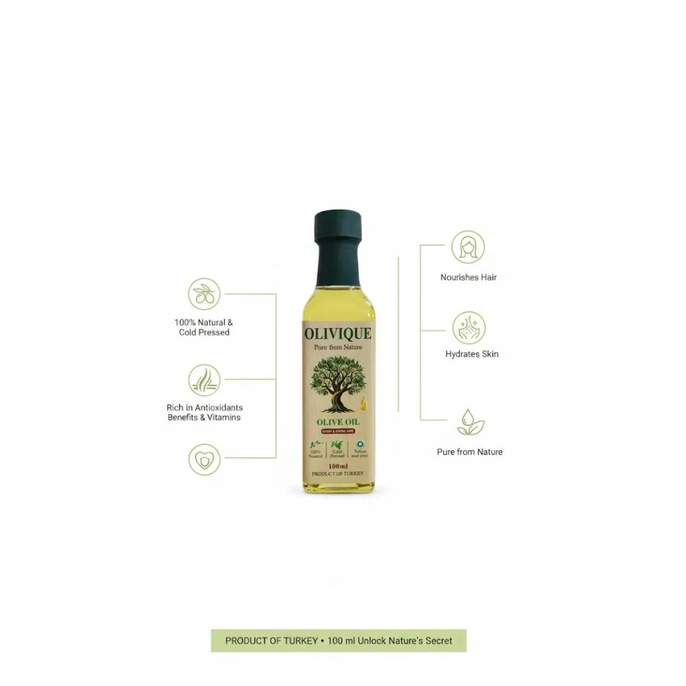 Angled close-up of Olivique Olive Oil 100ml bottle, highlighting the rich golden oil and packaging. - thumbnail