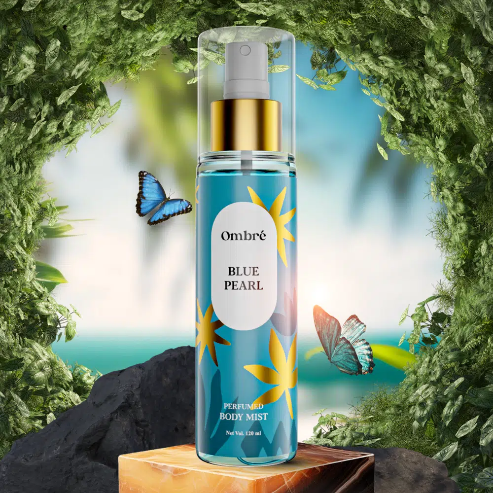 Two Ombre Perfumed Body Mist Blue Pearl bottles, one upright, one tilted, against white. - thumbnail