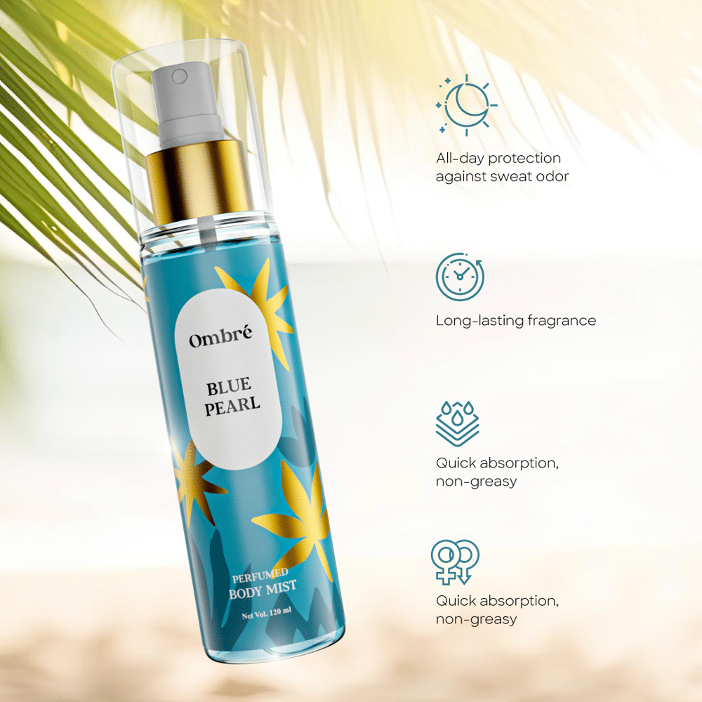 Close-up of Ombre Blue Pearl Perfumed Body Mist label and fine mist sprayer under clear cap. - thumbnail