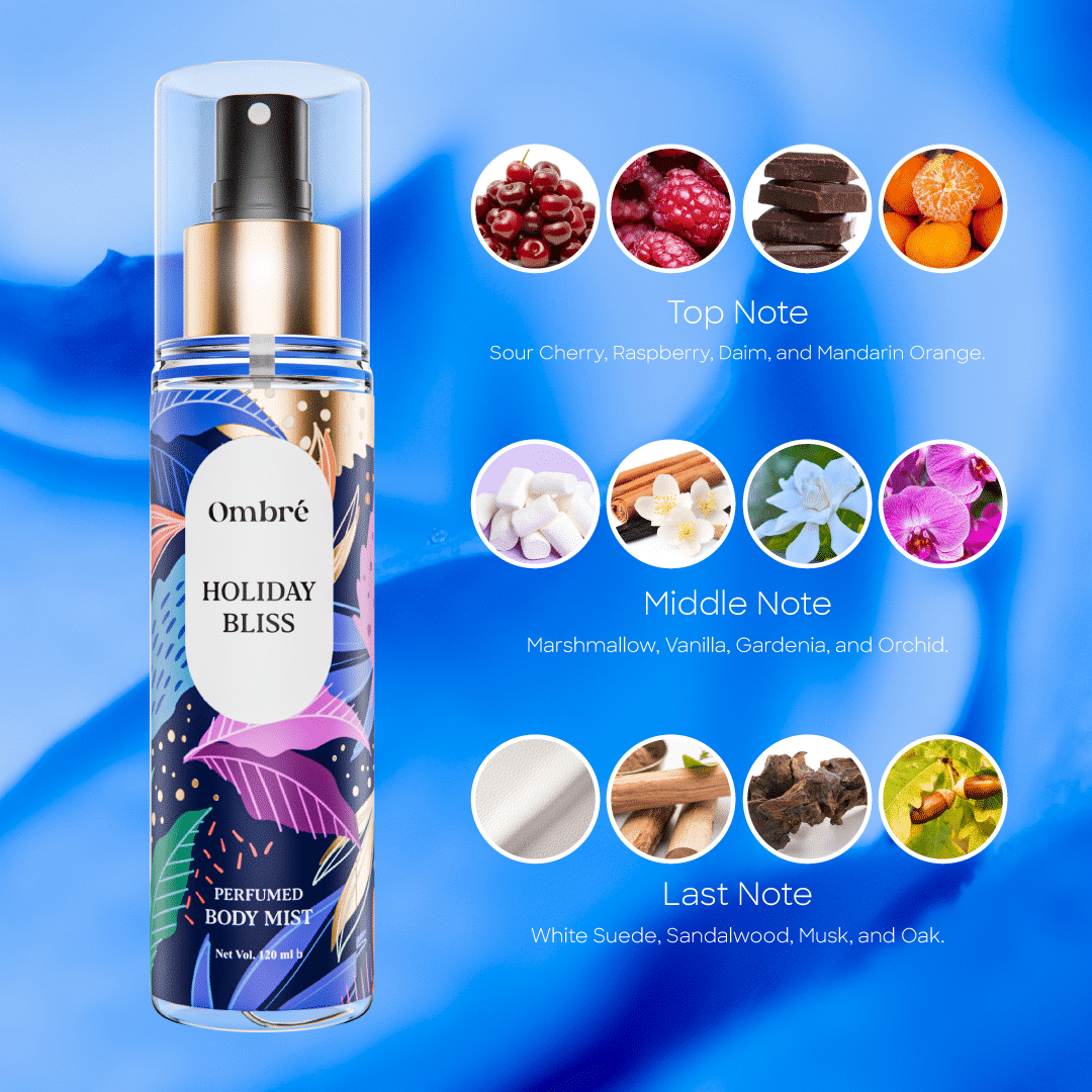 Top-down view of Ombre Perfumed Body Mist, showing golden spray cap and nozzle. - thumbnail
