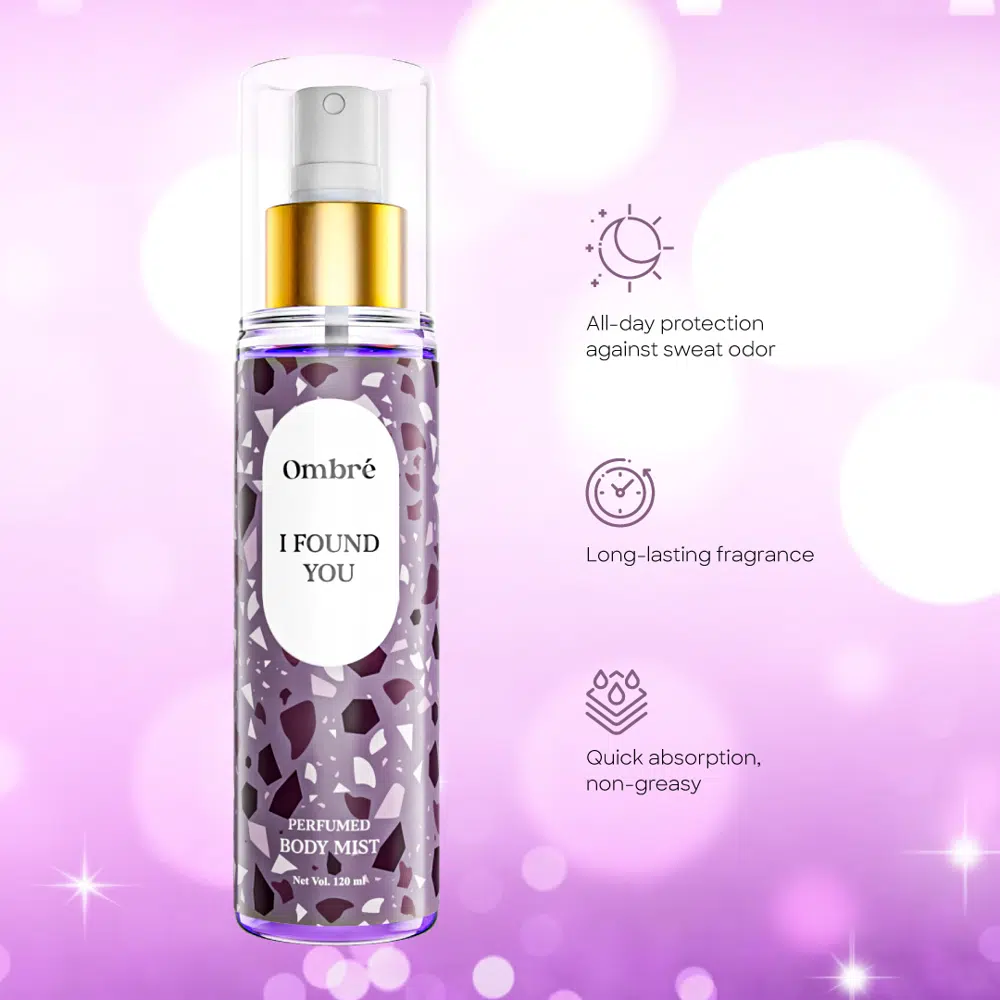 Ombre "I Found You" Perfumed Body Mist 120ml bottle with cap off, revealing the silver spray nozzle. - thumbnail