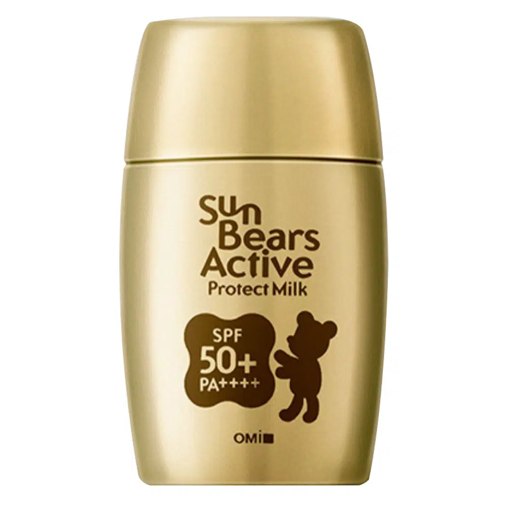 Omi Sun Bears Active Protect Milk Sun SPF 50+ white bottle, yellow cap, cute bear illustration.