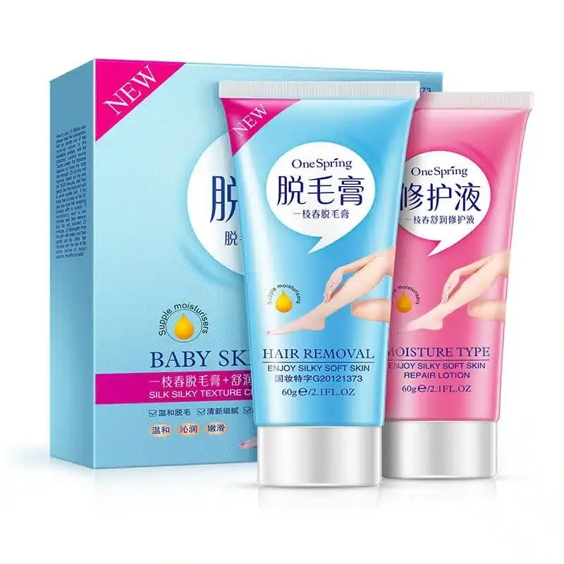 Close-up of One Spring Hair Removal and Moisturizing Cream, white product squeezed onto a hand. - thumbnail