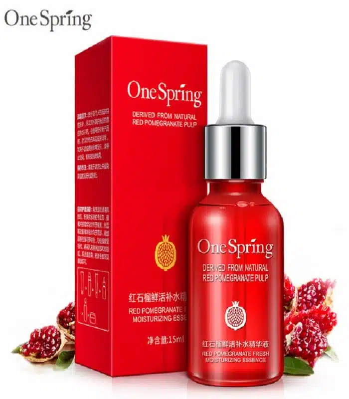 One Spring Red Pomegranate 15ml serum bottle, dropper, and a clear moisturizing essence drop. - thumbnail