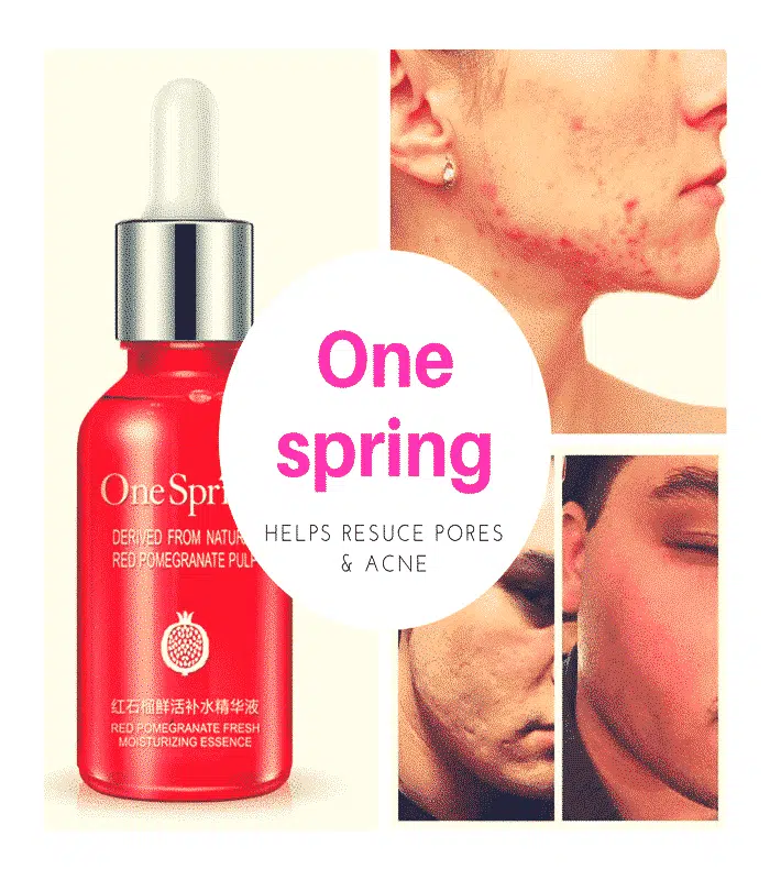 Close-up of One Spring Red Pomegranate 15ml nourishing serum bottle, showing label details and fruit. - thumbnail