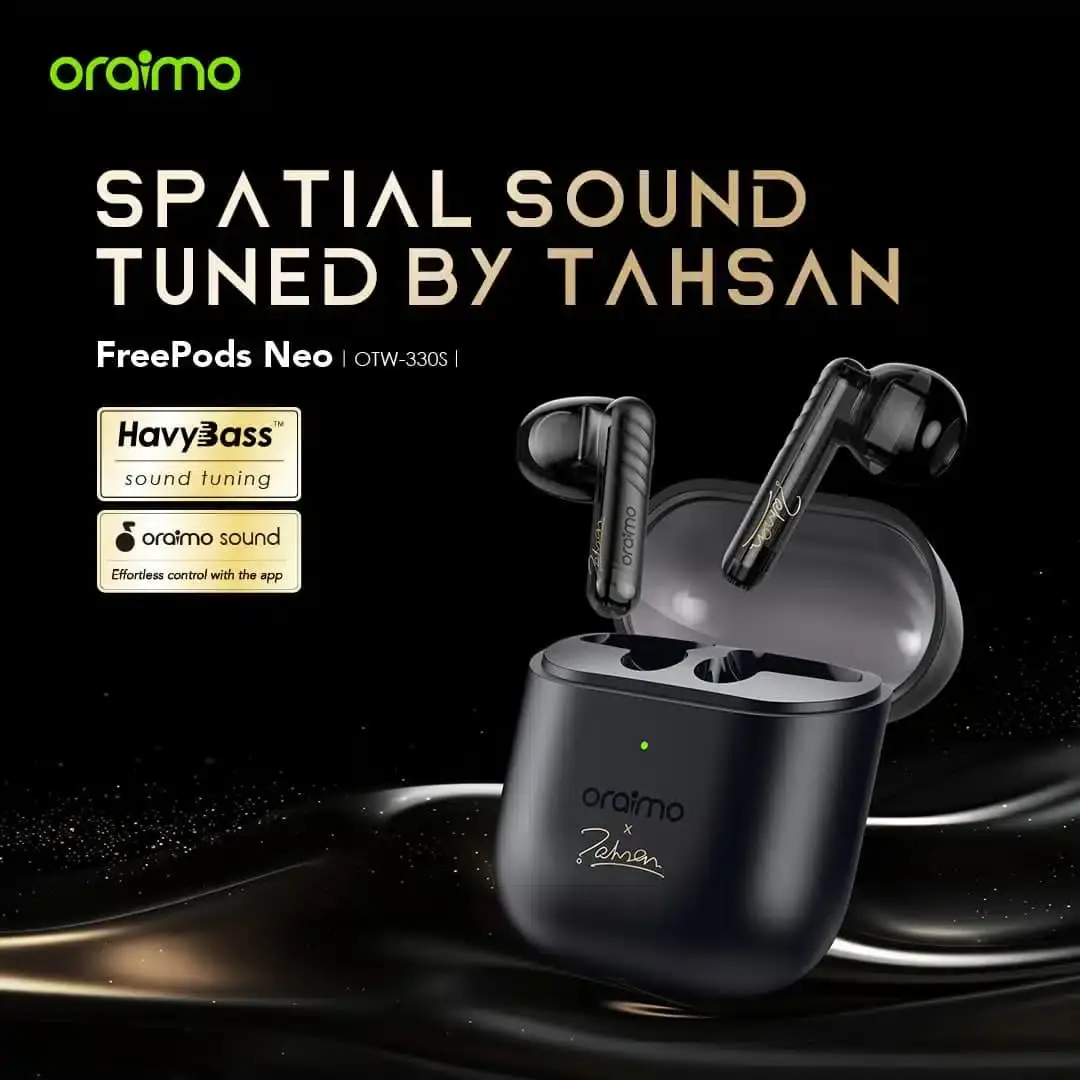 Oraimo FreePods Neo x Tahsan black wireless earbud next to its closed charging case. - thumbnail