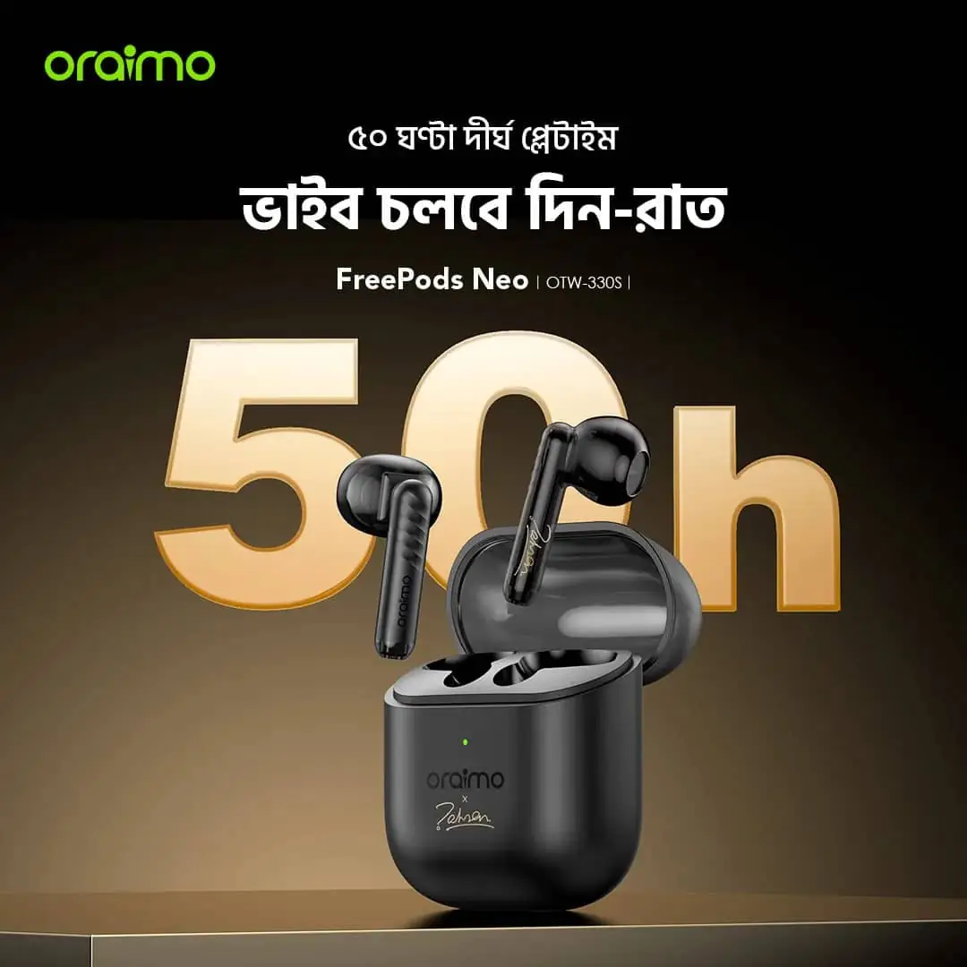 Close-up of a single oraimo FreePods Neo x Tahsan black true wireless earbud design. - thumbnail