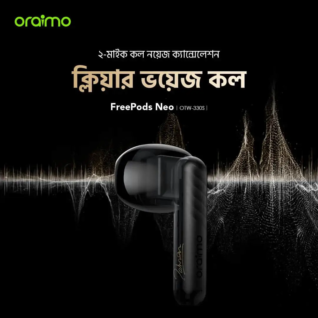 All oraimo FreePods Neo x Tahsan black wireless earbuds and open charging case displayed together. - thumbnail