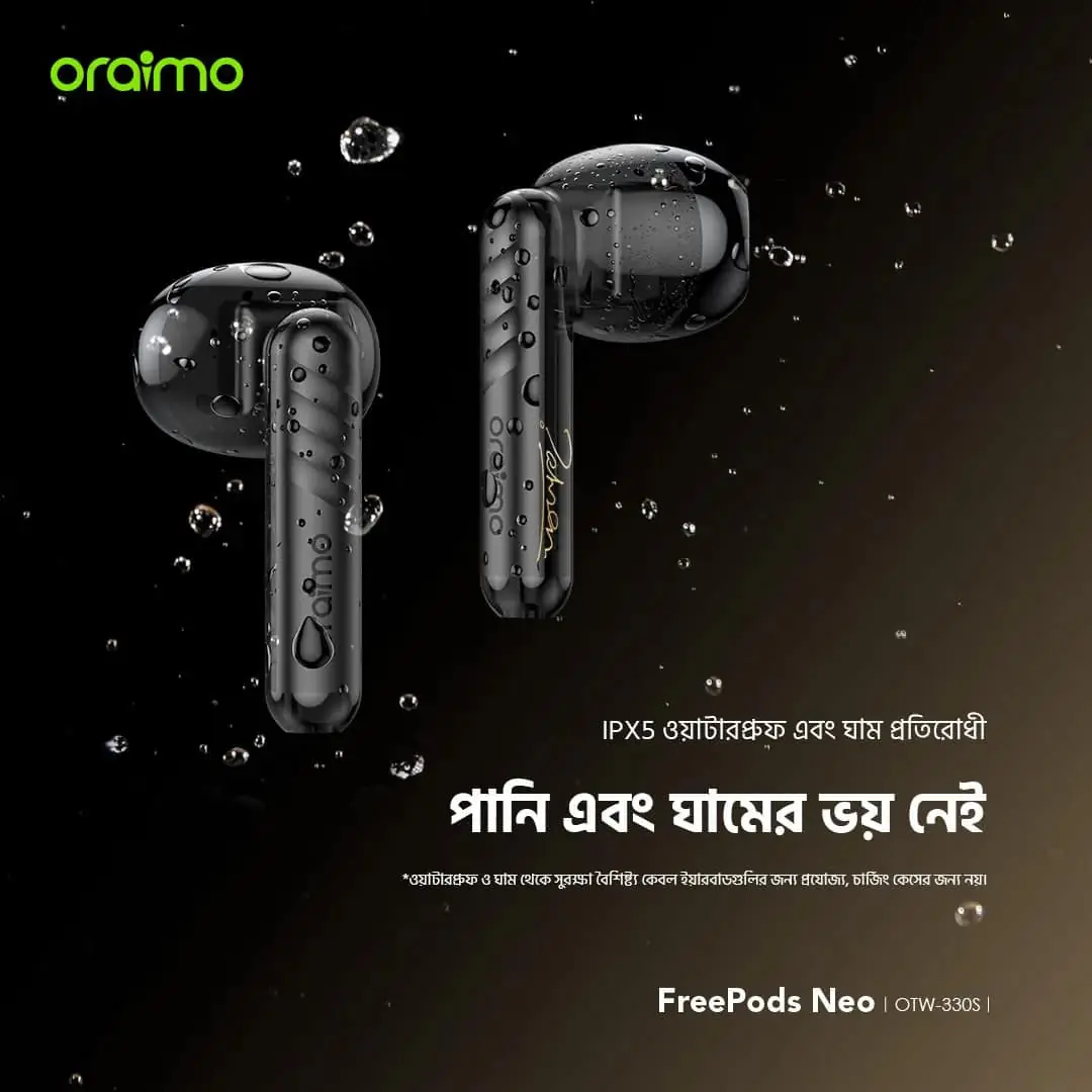 Pair of oraimo FreePods Neo x Tahsan black true wireless earbuds ready for immersive sound. - thumbnail