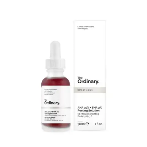 The Ordinary AHA 30% + BHA 2% Peeling Solution serum bottle and white box displayed together on a clean white background.